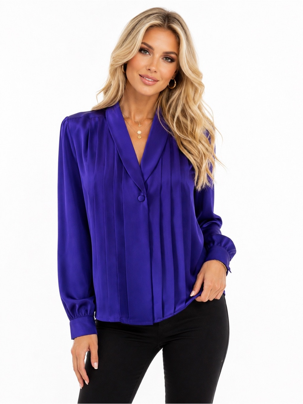 Diversity Petite Women’s 8P Purple Satin Pleated Long Sleeve Blouse